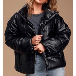 Black Faux Leather Puffer Coat